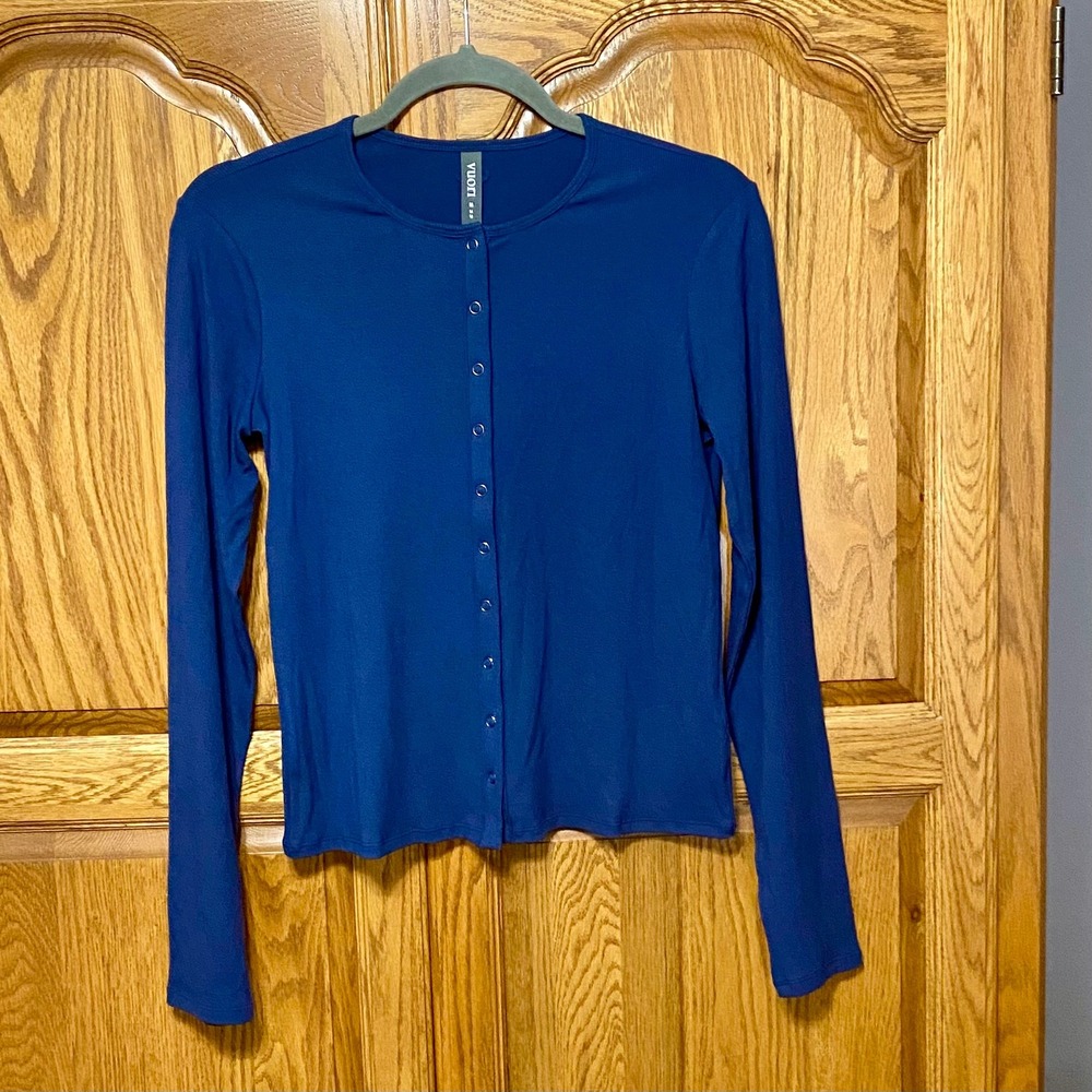 Vuori Pose Twin Cardigan Long Sleeve Blue Coast Rib Knit Top Womens Medium M